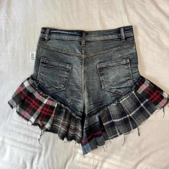 nwt spoon jeans y2k plaid ruffle denim shorts grunge punk flare - Picture 7 of 7